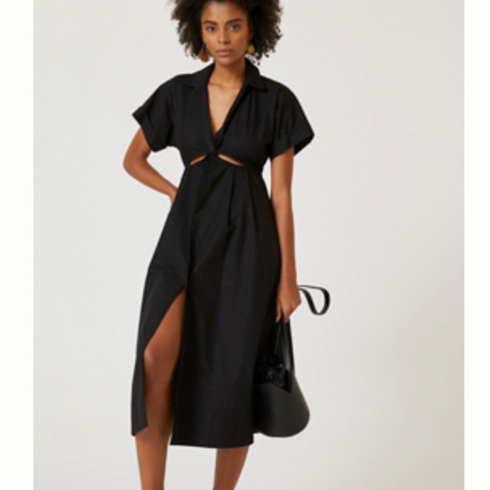 Anthropologie Black Wrap Midi Dress with Notched Collar